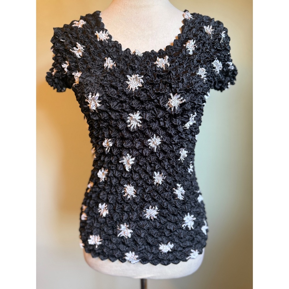 Cache Black White Floral Textured scrunch Top Y2K‎ vintage boho whimsi retro Med